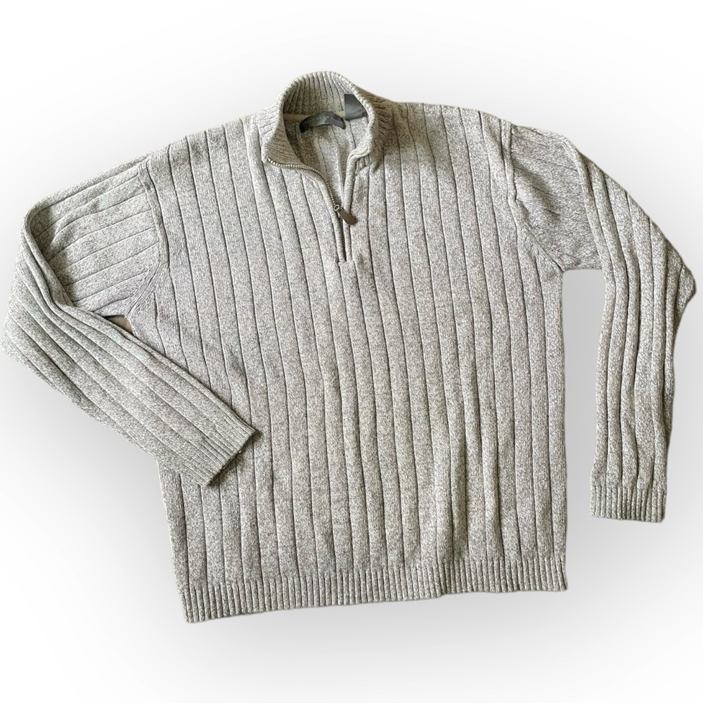 Oscar De La Renta marled quarter zip pullover ribbed knit sweater XXL neutral